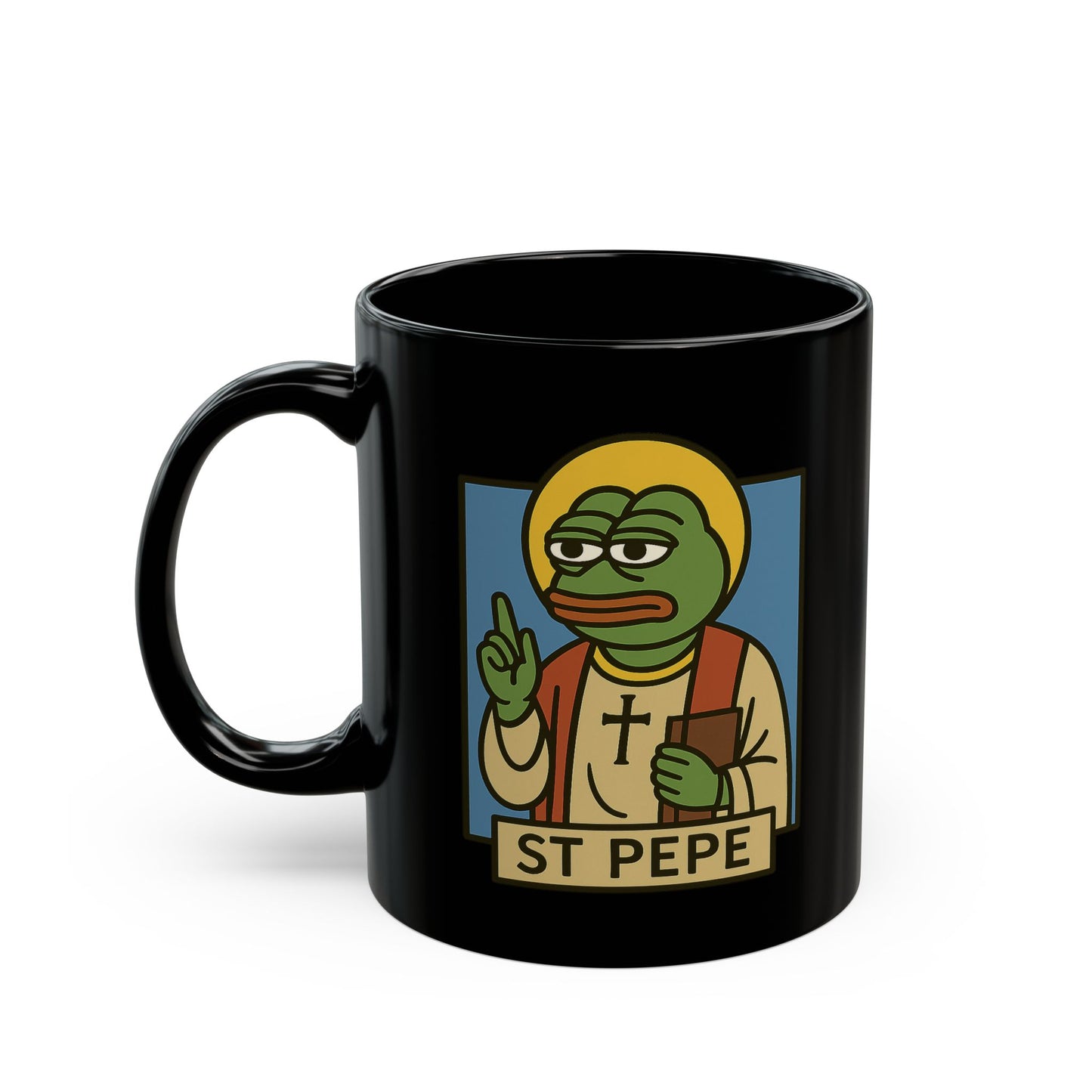 Funny St Pepe "Blessed" Black Mug